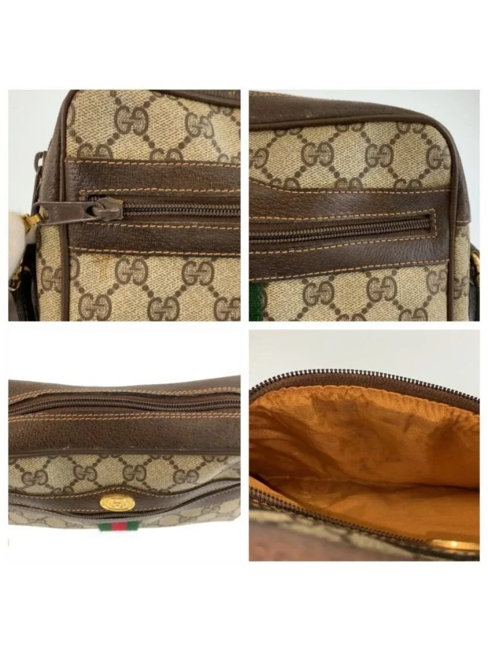 Gucci Vintage Sherry Line Beige Brown GG Supreme Canvas Shoulder Bag Pochette